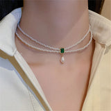 Square Inlaid Pearl Choker Necklace for Women