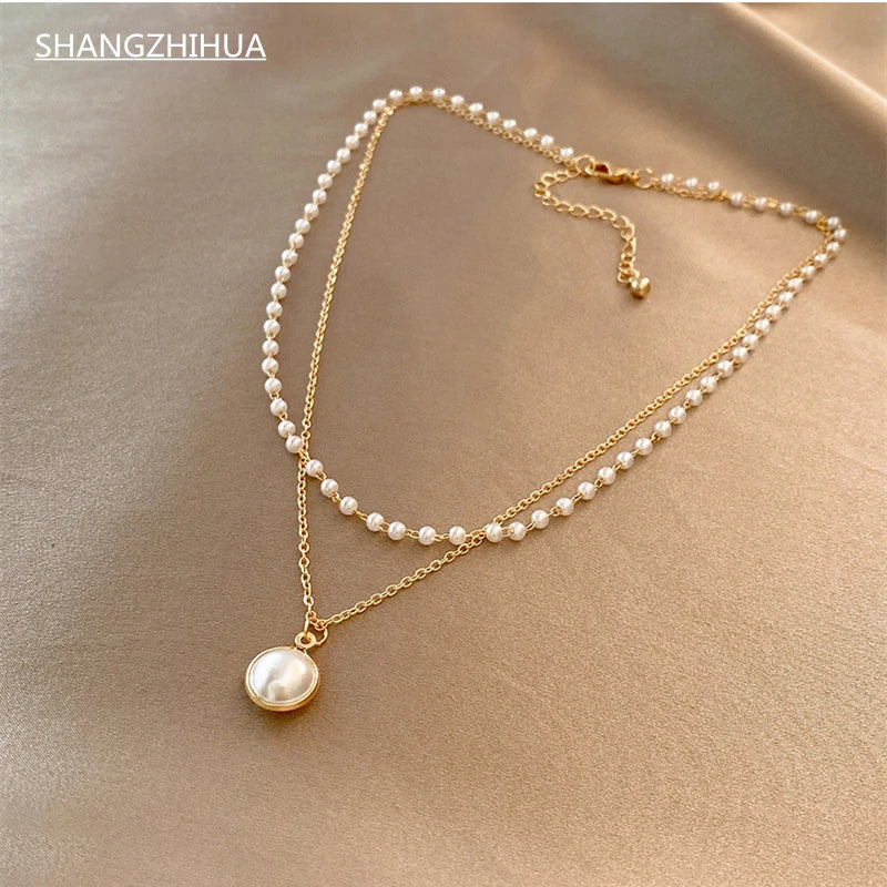 Double Strand Pearl Pendant Necklace for Women, Party Gift Jewelry