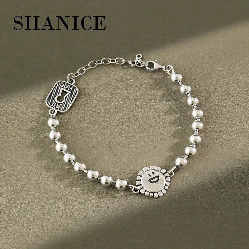 SHANICE 925 Silver Boho Chunky Chain Bracelet Retro Smiley Key Tag Chain