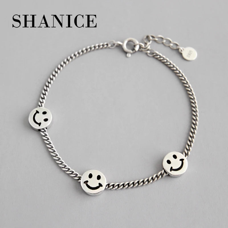 SHANICE INS Retro 925 Silver Smile Face Chain Bracelet Wedding Jewelry