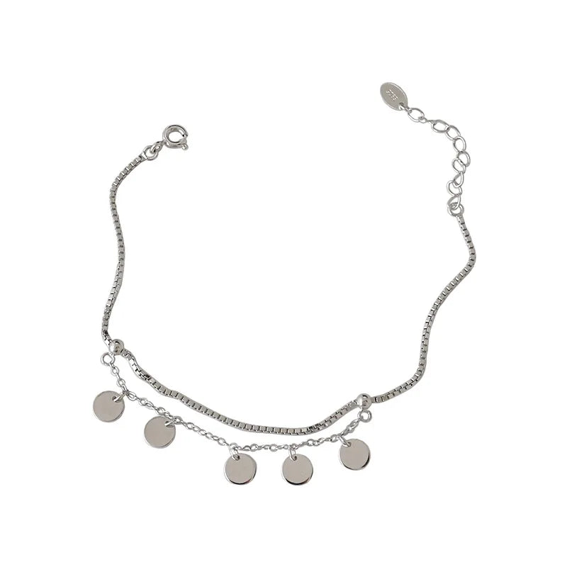 SHANICE S925 Silver Bracelet Double Tassel Round Disc Cross Chain