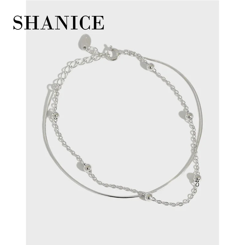 SHANICE S925 Sterling Silver Bead Snake Bone Chain Double Layer Bracelet
