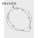 SHANICE S925 Sterling Silver Bead Snake Bone Chain Double Layer Bracelet