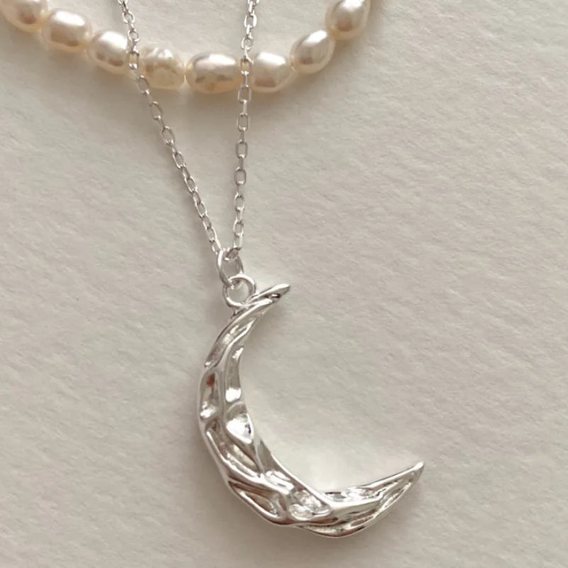 SHANICE S925 Sterling Silver Vintage Pleated Ripple Moon Necklace Pendant