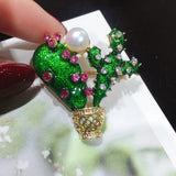 Enamel Cactus Brooch Natural Freshwater Pearl Pins