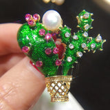 Enamel Cactus Brooch Natural Freshwater Pearl Pins