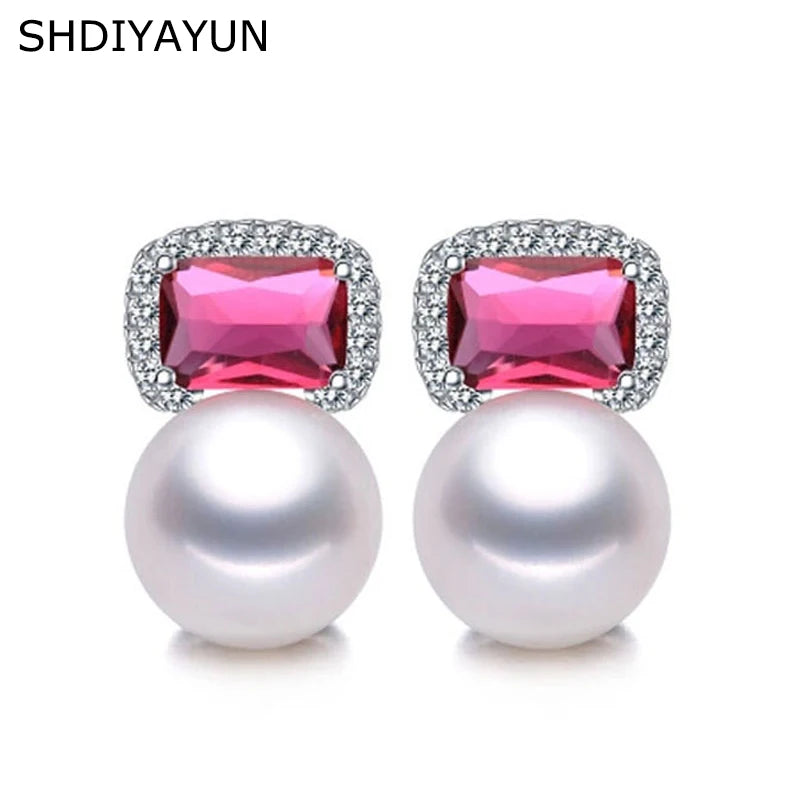 Ruby Pearl Earrings 925 Sterling Silver Real Freshwater Pearl Stud Earrings