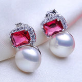 Ruby Pearl Earrings 925 Sterling Silver Real Freshwater Pearl Stud Earrings