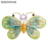Golden Enamel Butterfly Brooch w/ Natural Freshwater Pearl