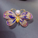 Golden Enamel Butterfly Brooch w/ Natural Freshwater Pearl