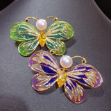 Golden Enamel Butterfly Brooch w/ Natural Freshwater Pearl