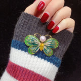 Golden Enamel Butterfly Brooch w/ Natural Freshwater Pearl