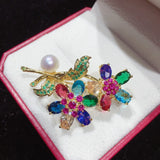 Zircon Flower Brooch with Freshwater Pearl