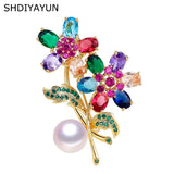 Zircon Flower Brooch with Freshwater Pearl