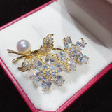Zircon Flower Brooch with Freshwater Pearl