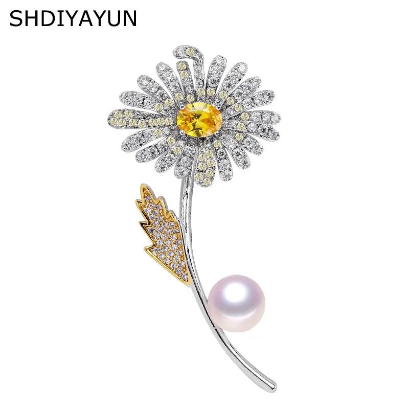 Flower Brooch with Natural Freshwater Pearl