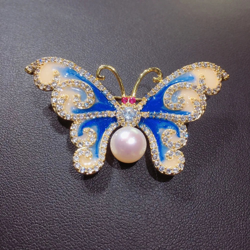 Vintage Enamel Butterfly Brooch with Freshwater Pearl
