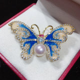 Vintage Enamel Butterfly Brooch with Freshwater Pearl