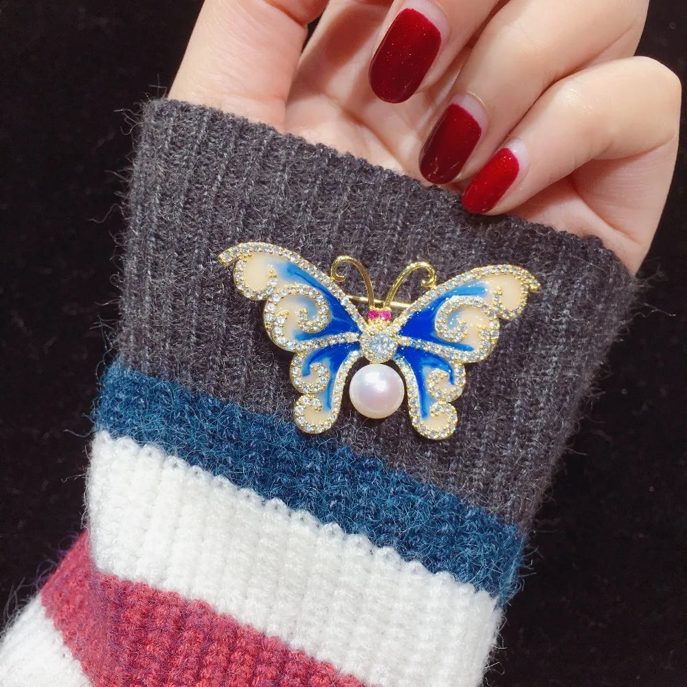 Vintage Enamel Butterfly Brooch with Freshwater Pearl