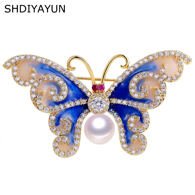 Vintage Enamel Butterfly Brooch with Freshwater Pearl