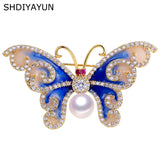 Vintage Enamel Butterfly Brooch with Freshwater Pearl
