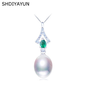 925 Silver Pearl Necklace Green Zircon Pendant Gift