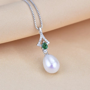 925 Silver Pearl Necklace Green Zircon Pendant Gift