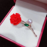 Vermilion Red Pearl Flower Brooch Pin