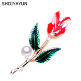 Enamel Tulips Flower Brooch with Natural Freshwater Pearl