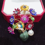 Enamel Flower Vase Brooch with Pearl, Women's Pin