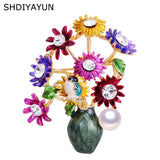 Enamel Flower Vase Brooch with Pearl, Women's Pin