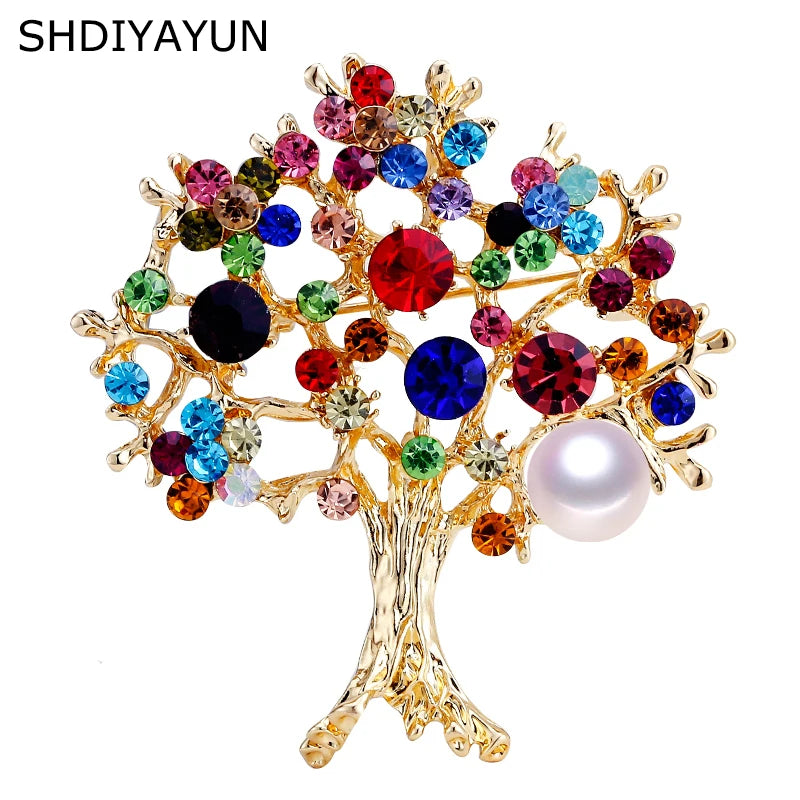 Colorful Rhinestone Tree Brooch Natural Freshwater Pearl Jewelry