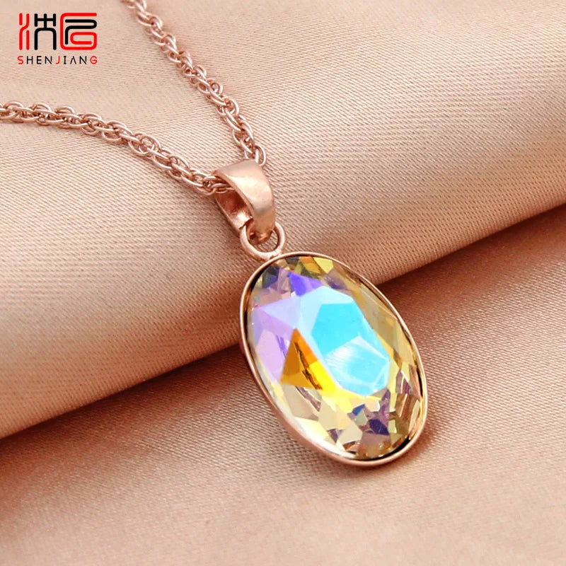 Oval Crystal Pendant 585 Rose Necklace For Women Wedding Jewelry