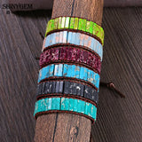 Leather Wrap Sea Sediment Stone Bracelet Natural Tube Beads