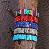 Leather Wrap Sea Sediment Stone Bracelet Natural Tube Beads