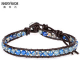 PU Leather Wrap Bracelet Brown Braid Natural Stone Bracelet