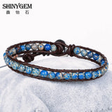 PU Leather Wrap Bracelet Brown Braid Natural Stone Bracelet