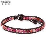 PU Leather Wrap Bracelet Brown Braid Natural Stone Bracelet