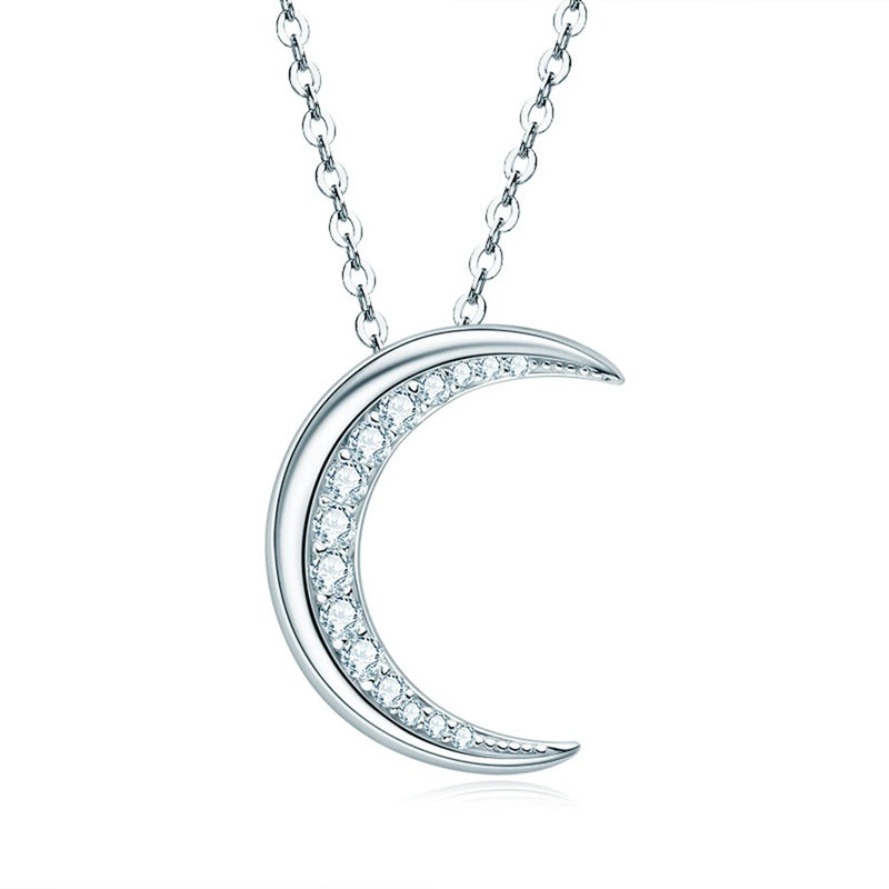 D Moissanite Diamond Gemstone Fine Jewelry Sterling Silver Moon Pendant Necklace