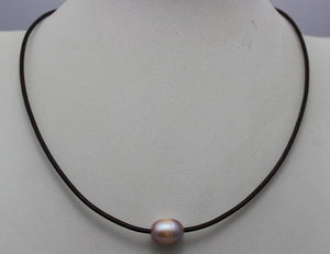 Black Leather Purple FW Pearl Necklace 17 Inch