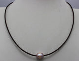 Black Leather Purple FW Pearl Necklace 17 Inch