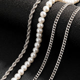 4 Pcs Pearl Beads Thick Link Chain Choker Necklace Set Hip Hop Layered Necklace