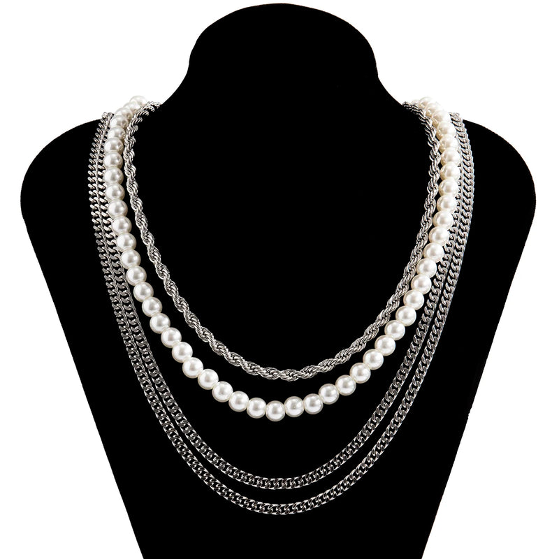 4 Pcs Pearl Beads Thick Link Chain Choker Necklace Set Hip Hop Layered Necklace
