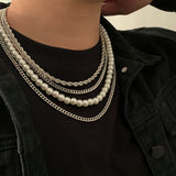 4 Pcs Pearl Beads Thick Link Chain Choker Necklace Set Hip Hop Layered Necklace