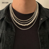 4 Pcs Pearl Beads Thick Link Chain Choker Necklace Set Hip Hop Layered Necklace
