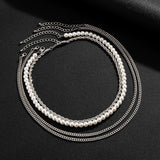 4 Pcs Pearl Beads Thick Link Chain Choker Necklace Set Hip Hop Layered Necklace