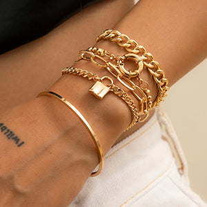 5 Pcs Punk Chain Bracelets Set for Women Thick Charm Lock Hand Chains