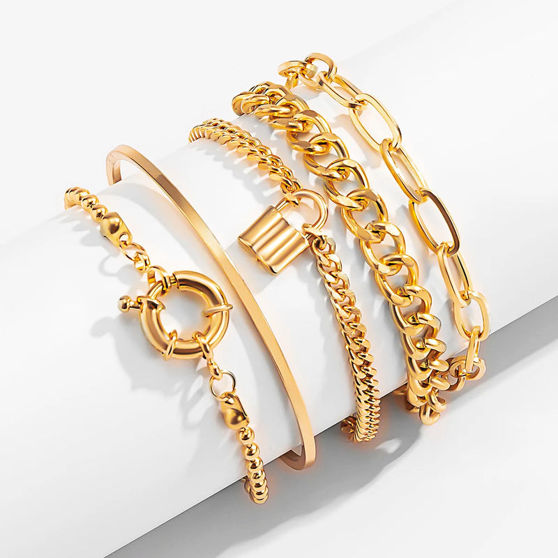 5 Pcs Punk Chain Bracelets Set for Women Thick Charm Lock Hand Chains