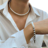 Pearl Choker Necklace Bracelet Set Beaded Short Pearls Choker
