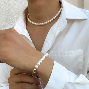 Pearl Choker Necklace Bracelet Set Beaded Short Pearls Choker
